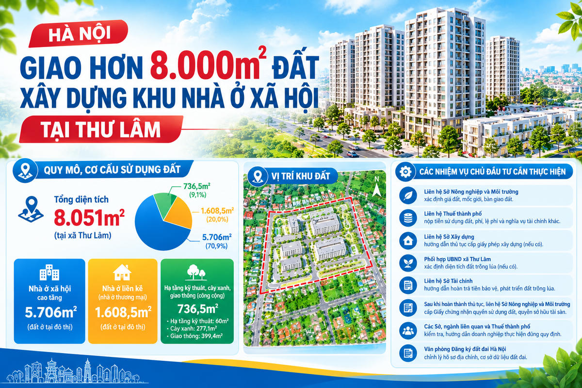 Hà Nội giao Công ty cổ phần phát triển Bất động sản Thành Đô Capital 8.051m² đất tại xã Thư Lâm để thực hiện dự án đầu tư xây dựng khu nhà ở xã hội xã Thư Lâm.