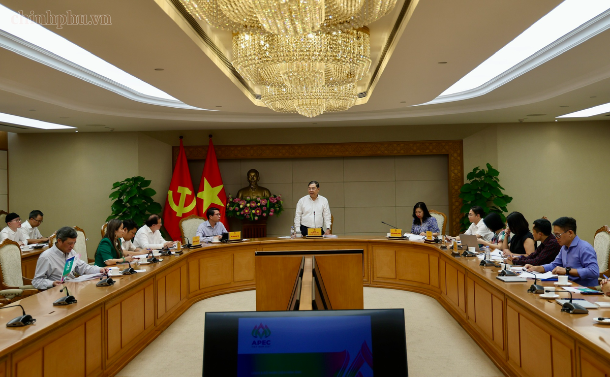 Phó Thủ tướng Thường trực Chính phủ Phạm Gia Túc, Chủ tịch Ủy ban quốc gia APEC 2027 chủ trì cuộc họp cho ý kiến về các phương án biểu trưng APEC Việt Nam 2027. Ảnh: Chinhphu.vn 