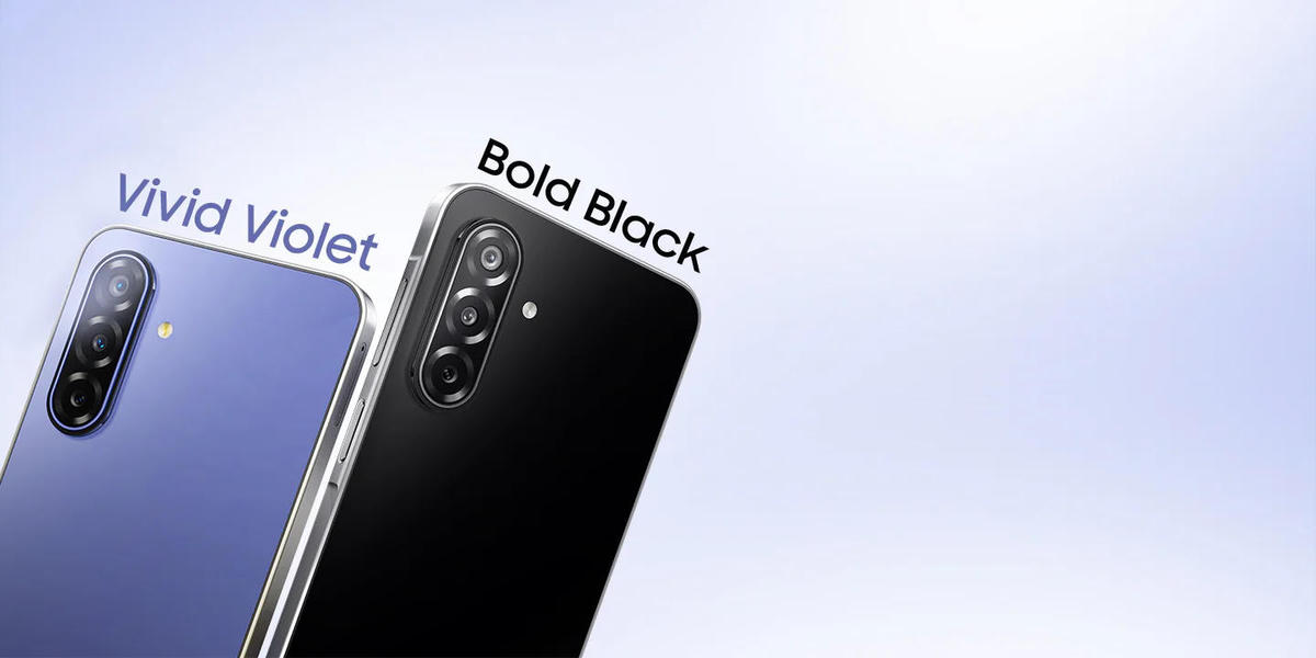 Galaxy F70 5G có hai lựa chọn màu đen Bold Black và tím Vivid Violet. Cụm camera sau, với camera chính 50MP hỗ trợ chống rung quang học OIS. Ảnh: Samsung.