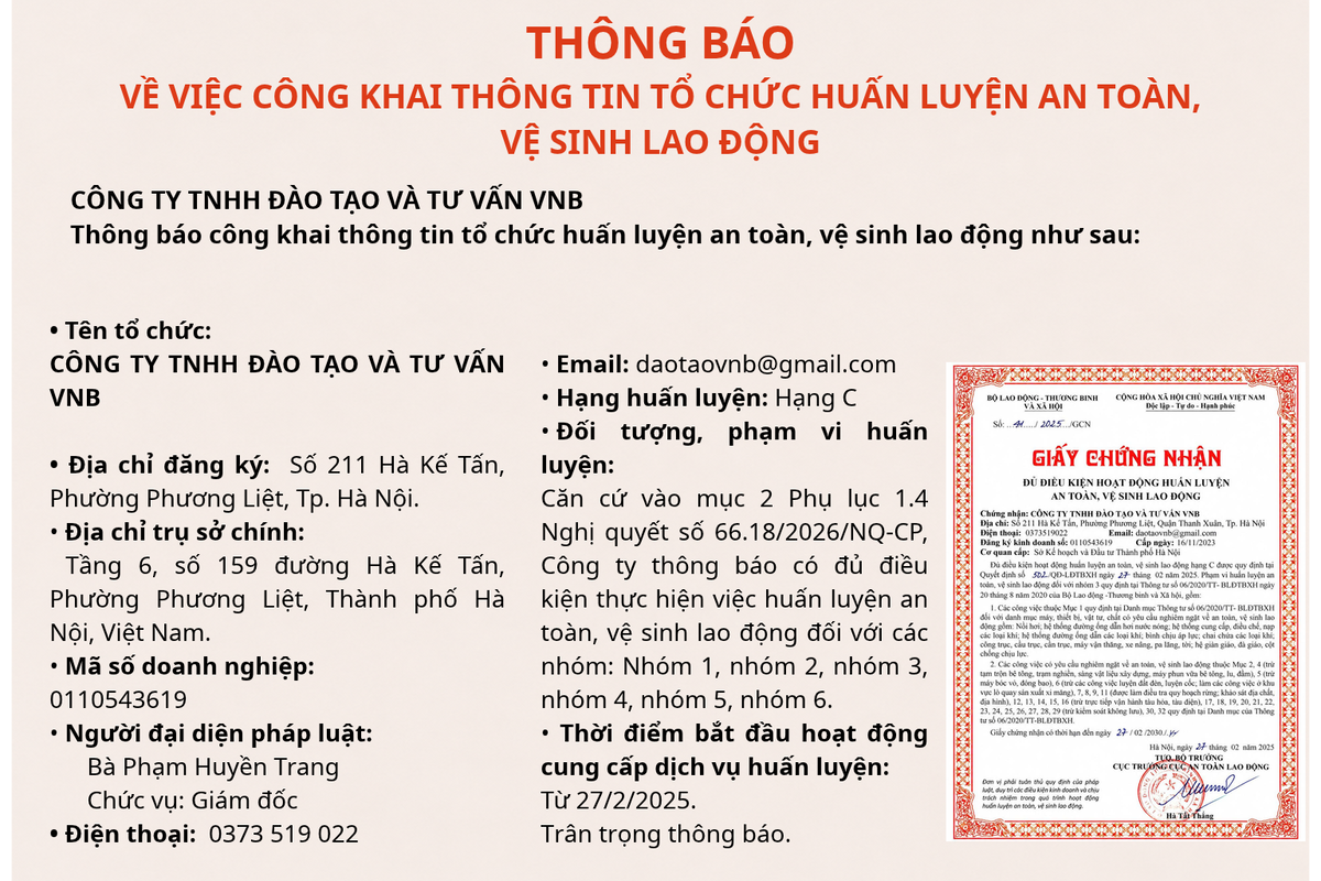 Công ty TNHH Đào tạo và Tư vấn VNB thông báo cung cấp dịch vụ huấn luyện ATVSLĐ
