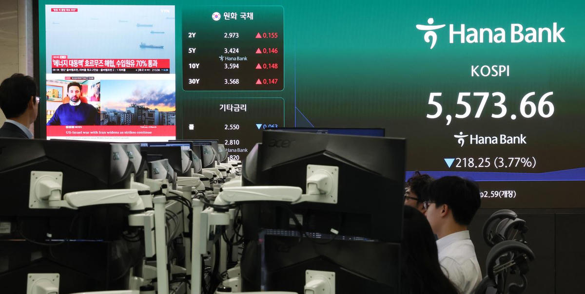 Bảng điện tử tại phòng giao dịch Hana Bank ở Seoul (Hàn Quốc) hiển thị chỉ số Kospi chốt phiên 21/10/2026, tăng 3,29%, lên 5.735,66 điểm. Ảnh: Kim Sung-jin/News1.