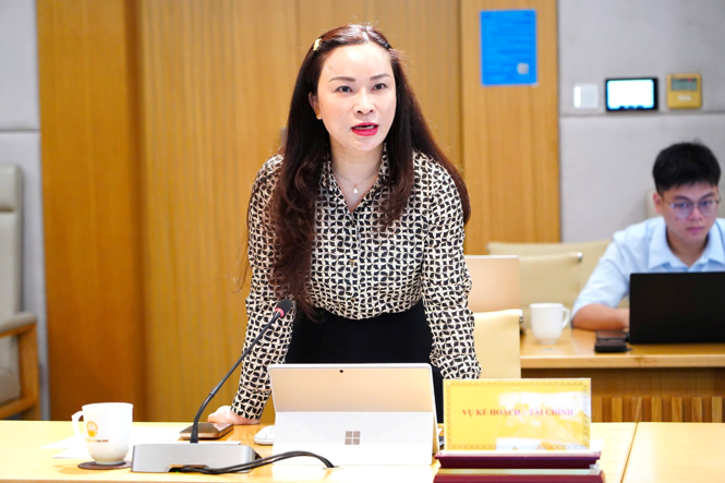 Vụ trưởng Vụ Kế hoạch - Tài chính Hoàng Thị Phương Lựu phát biểu tại Hội nghị.  Ảnh: Bộ KHCN