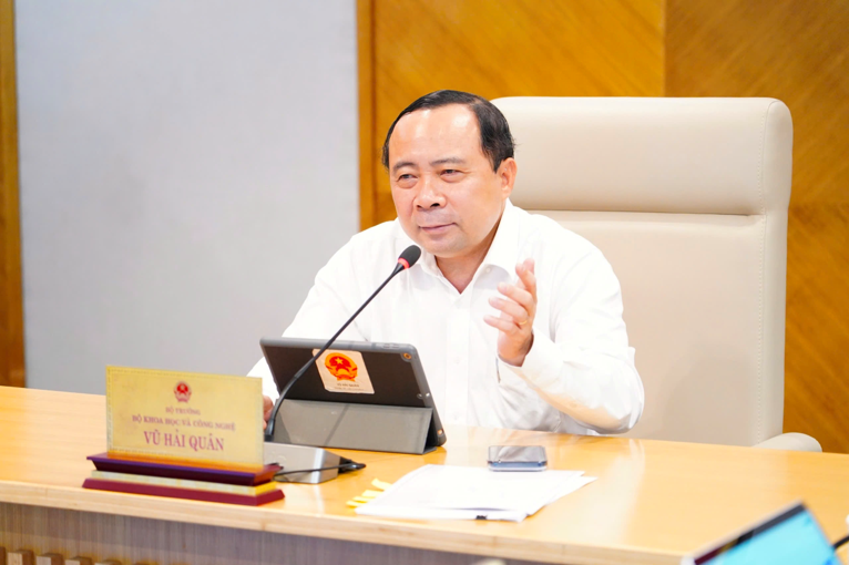 Bộ trưởng Vũ Hải Quân chủ trì hội nghị từ điểm cầu chính. Ảnh: Bộ KHCN.