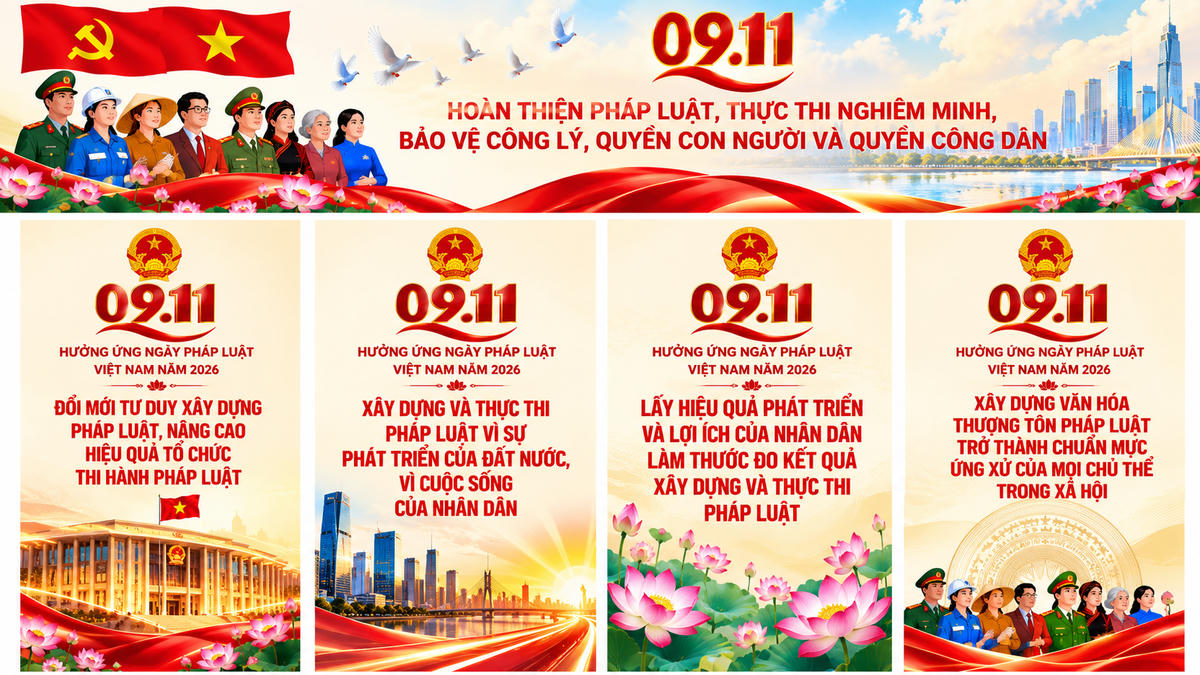 Bộ nhận diện Ngày Pháp luật Việt Nam năm 2026 với các thông điệp về hoàn thiện pháp luật, bảo vệ công lý, quyền con người, quyền công dân và xây dựng văn hóa thượng tôn pháp luật. (Ảnh minh họa được thiết kế dựa trên các mẫu Bộ nhận diện do Bộ Tư pháp giới thiệu)