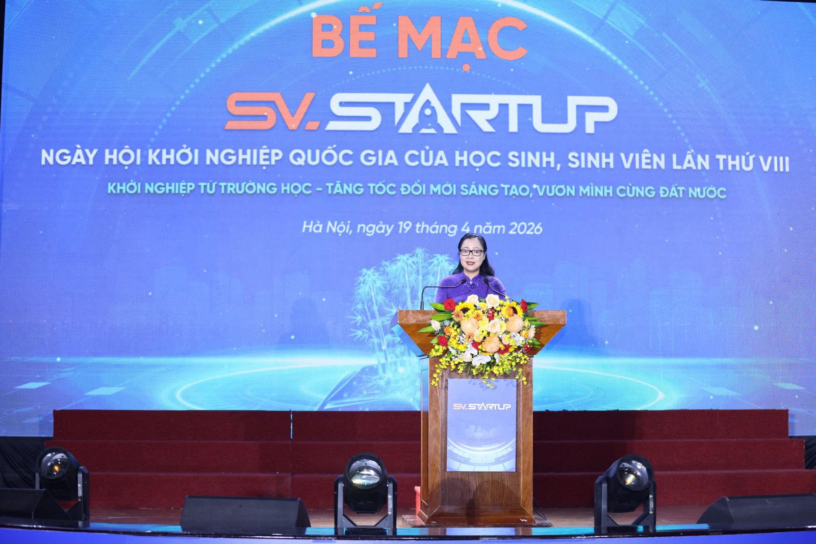 Thứ trưởng Bộ Giáo dục và Đào tạo Nguyễn Thị Quyên Thanh phát biểu tại lễ bế mạc&nbsp;SV-Startup 2026. Ảnh: Moet.gov.vn