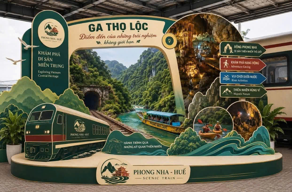Đôi tàu HQ1/HQ2 kết nối Huế với khu vực cửa ngõ Phong Nha trên hành trình 189 km qua miền di sản miền Trung. Ảnh: Tập đoàn Đường sắt Quốc gia Việt Nam