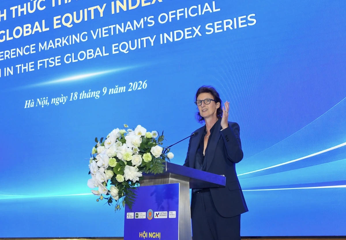 Bà Fiona Bassett, Tổng Giám đốc FTSE Russell, phát biểutại Hội nghị “Việt Nam chính thức tham gia vào rổ chỉ số toàn cầu - FTSE Russell Global Equity Index Series” ngày 18/9/2026. Ảnh: chinhphu.vn.