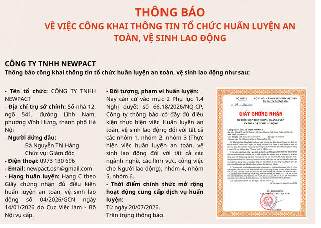 Công ty TNHH Newpact thông báo đủ điều kiện hoạt động huấn luyện an toàn, vệ sinh lao động