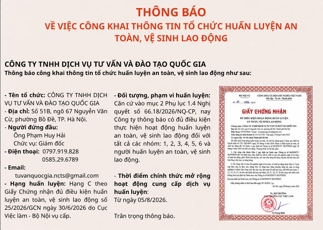 Công ty TNHH Dịch vụ tư vấn và đào tạo Quốc gia thông báo đủ điều kiện hoạt động huấn luyện ATVSLĐ