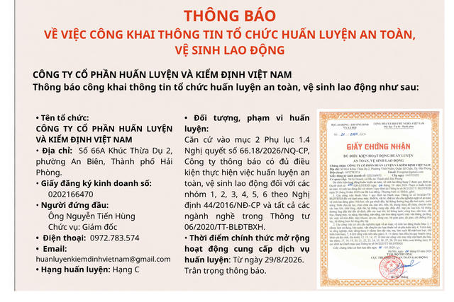 Công ty Cổ phần Huấn luyện và Kiểm định Việt Nam thông báo đủ điều kiện huấn luyện ATVSLĐ Công ty Cổ phần Huấn luyện và Kiểm định Việt Nam thông báo đủ điều kiện huấn luyện ATVSLĐ