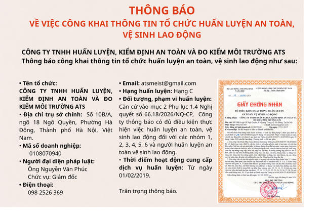 Công ty ATS thông báo đủ điều kiện huấn luyện an toàn, vệ sinh lao động
