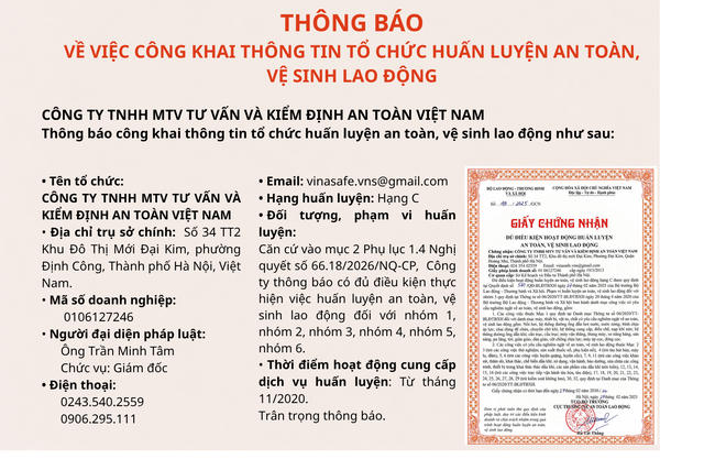 Công ty TNHH MTV Tư vấn và Kiểm định an toàn Việt Nam thông báo đủ điều kiện huấn luyện ATVSLĐ