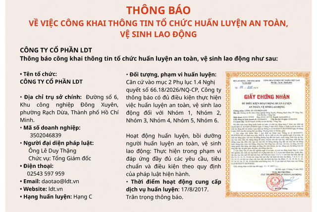 Công ty Cổ phần LDT thông báo tiếp tục cung cấp dịch vụ huấn luyện ATVSLĐ Công ty Cổ phần LDT thông báo tiếp tục cung cấp dịch vụ huấn luyện ATVSLĐ