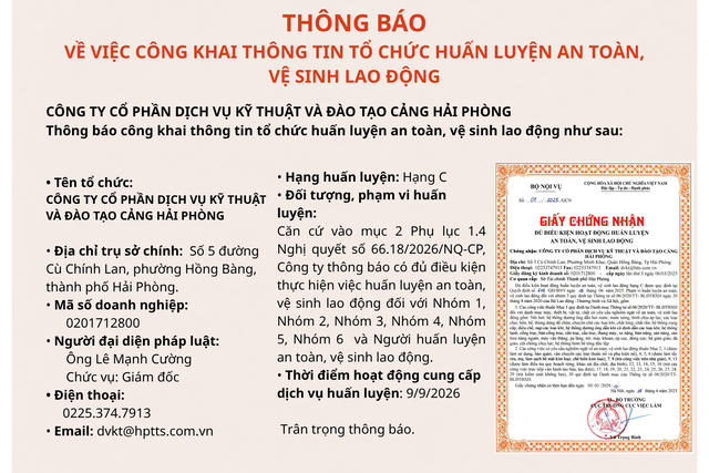 CTCP Dịch vụ Kỹ thuật và Đào tạo Cảng Hải Phòng thông báo cung cấp dịch vụ huấn luyện ATVSLĐ