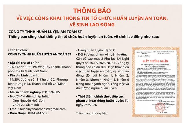 Công ty TNHH Huấn luyện An toàn ST thông báo tiếp tục hoạt động huấn luyện ATVSLĐ