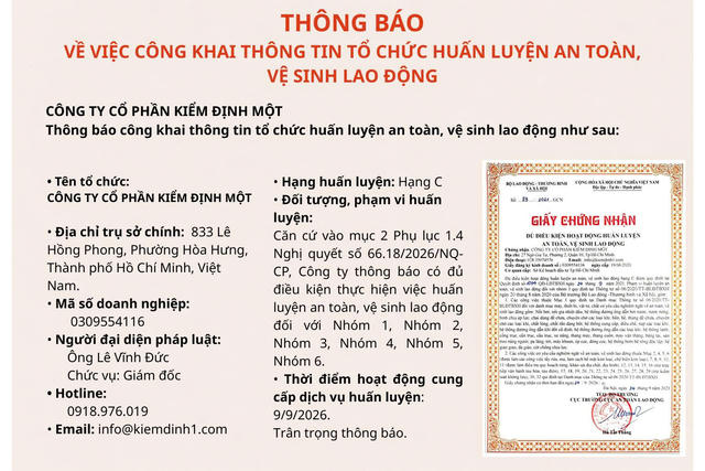 Công ty Cổ phần Kiểm định Một thông báo cung cấp dịch vụ huấn luyện ATVSLĐ