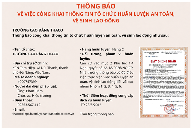 Trường Cao đẳng THACO thông báo về hoạt động cung cấp dịch vụ huấn luyện ATVSLĐ