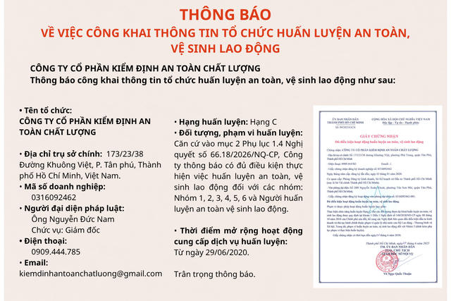 Công ty Cổ phần Kiểm định an toàn chất lượng thông báo hoạt động huấn luyện ATVSLĐ