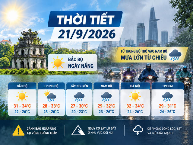 Thời tiết hôm nay 21/9: Bắc bộ ngày nắng, Nam bộ mưa lớn từ chiều