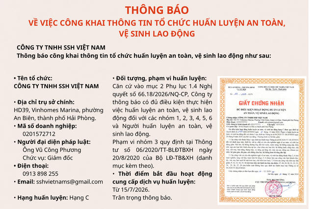 Công ty TNHH SSH Việt Nam thông báo hoạt động cung cấp dịch vụ huấn luyện ATVSLĐ Công ty TNHH SSH Việt Nam thông báo hoạt động cung cấp dịch vụ huấn luyện ATVSLĐ