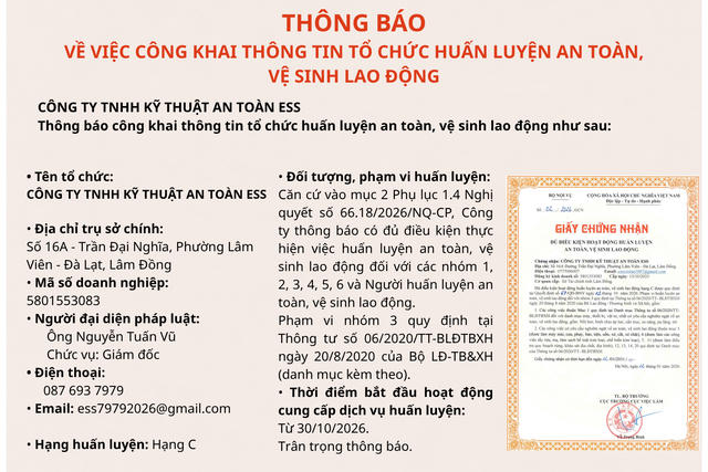Công ty TNHH Kỹ thuật An toàn ESS thông báo hoạt động dịch vụ huấn luyện ATVSLĐ Công ty TNHH Kỹ thuật An toàn ESS thông báo hoạt động dịch vụ huấn luyện ATVSLĐ