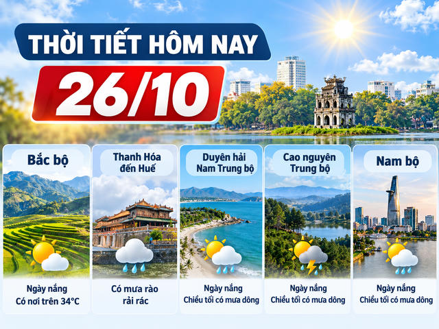 Thời tiết hôm nay 26/10: Bắc bộ ngày nắng, Trung bộ có mưa rào Thời tiết hôm nay 26/10: Bắc bộ ngày nắng, Trung bộ có mưa rào